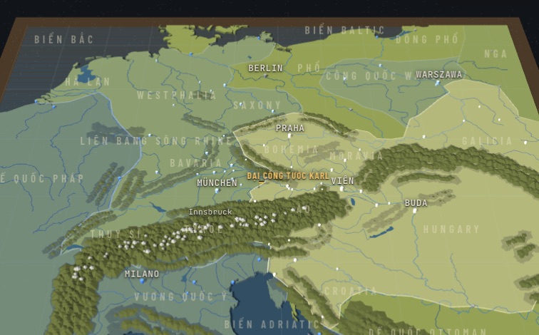 Sa bàn 3D Trung Âu năm 1809: sông Danube từ Bavaria tới Viên, dãy Alps và Bohemia